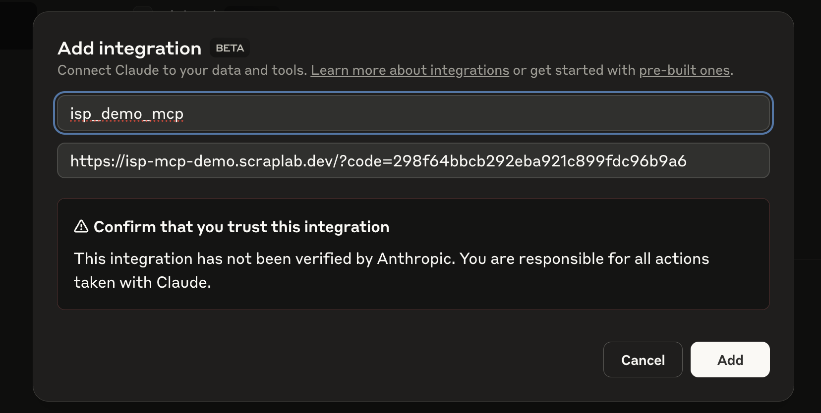 Screenshot: configuration form cu URL și name