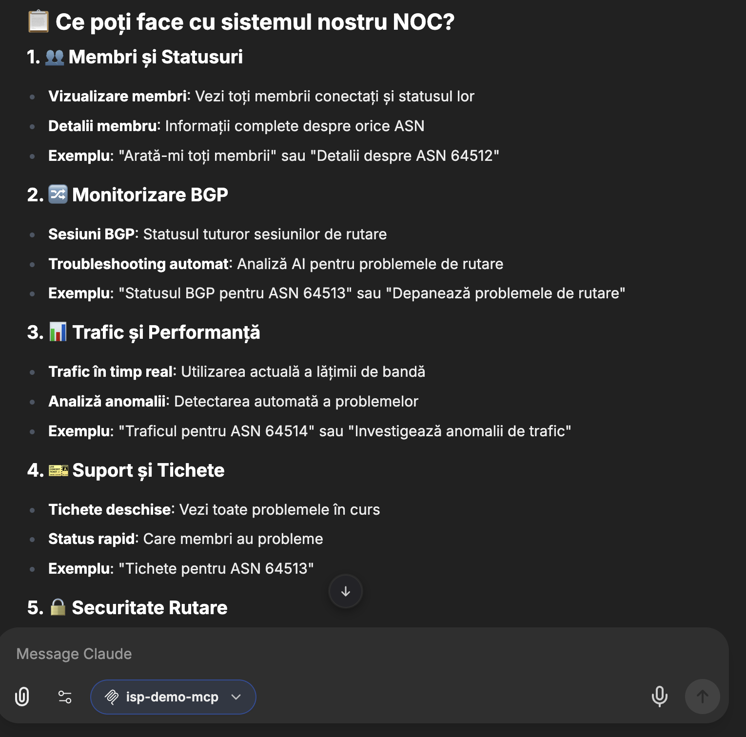 Screenshot: răspuns la comanda help cu toate capabilitățile MCP