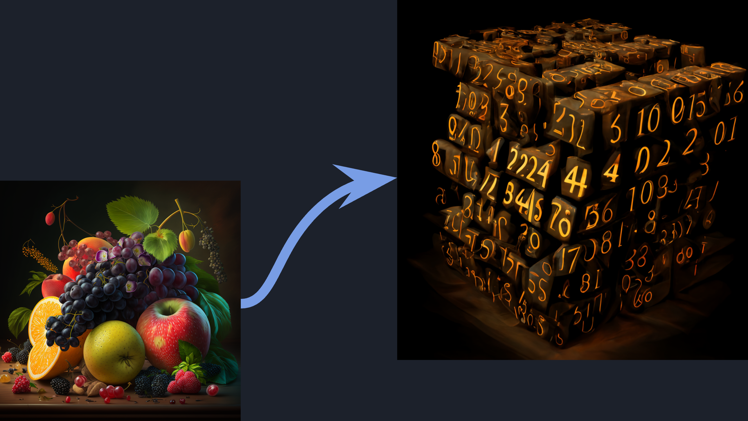 Diagrama cu spațiul latent - fructe reale → numere → clasificare